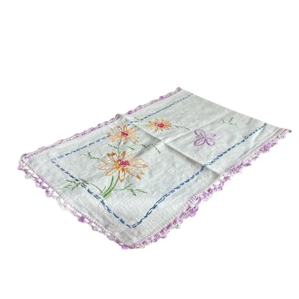 Linen Table Runner Dresser Scarf Embroidery Floral Crochet Purple Edge 36